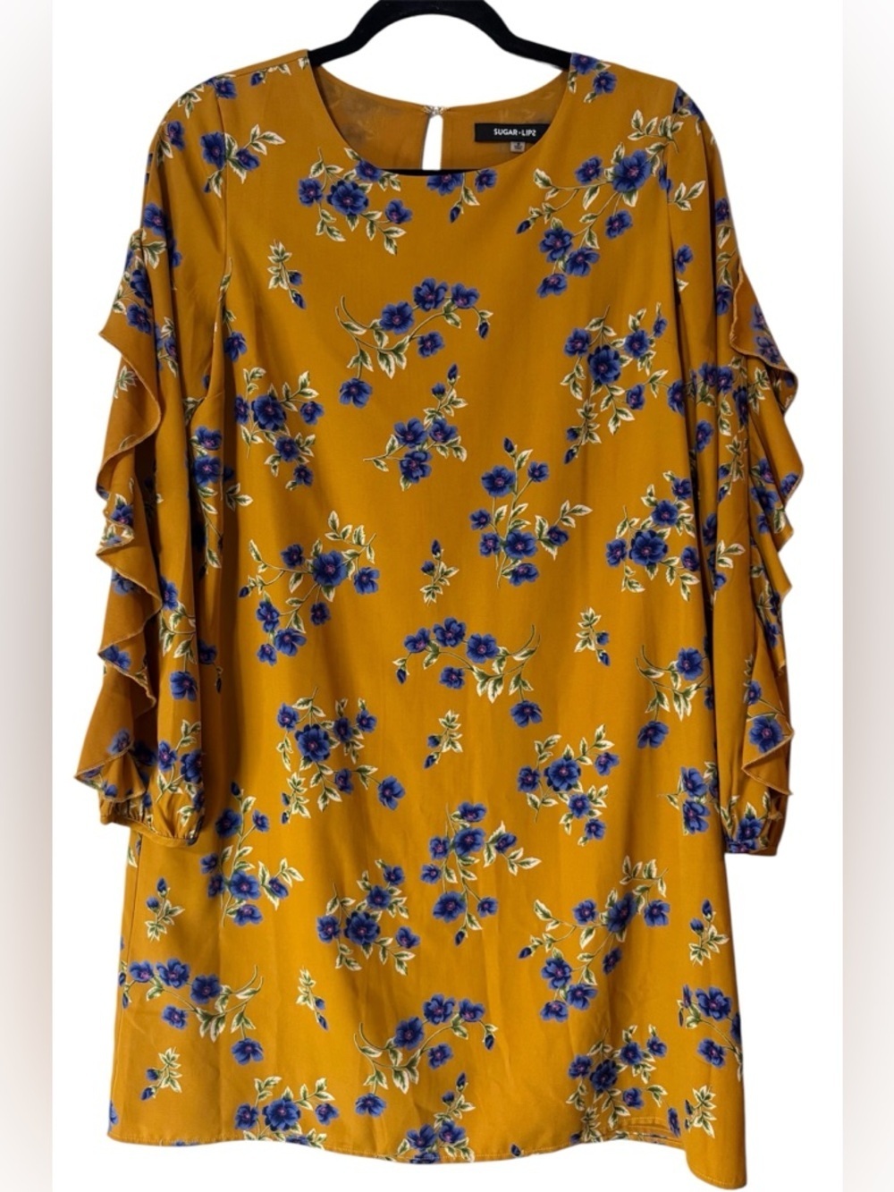 Sugar + Lip2 Mustard Yellow Floral Dress Small Ruffle Sleeve Boho Shift